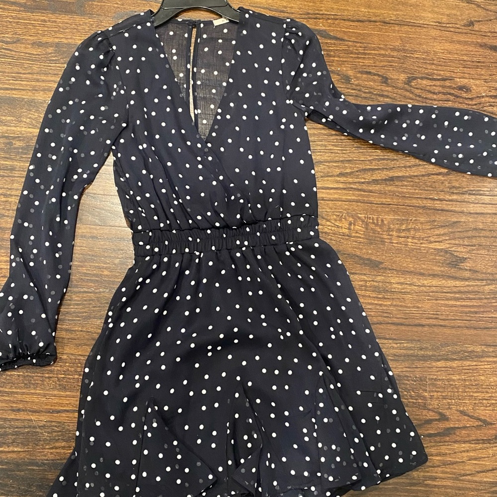 Long sleeve, navy and white polka dotted dress, Francesca’s size small